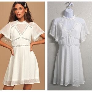 Lulus Fairy Tale Romance White Swiss Dot Backless Mini Dress Flounce Sleeve S